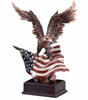 12-1/2 INCH ELECTROPLATED BRONZE EAGLE WITH PAINTED AMERICAN FLAG TROPHY ON BLACK BASE