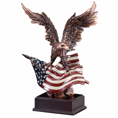 12-1/2 INCH ELECTROPLATED BRONZE EAGLE WITH PAINTED AMERICAN FLAG TROPHY ON BLACK BASE