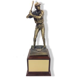 12-1/2 INCH HEIGHT ELECTROPLATED ANTIQUE BRASS BASEBALL PLAYER TROPHY ON WALNUT FINISH BASE