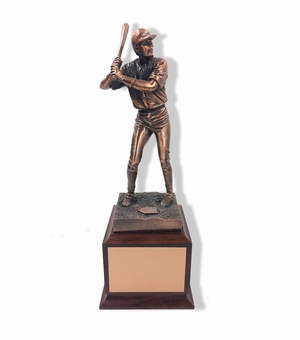 12-1/2 INCH HEIGHT ELECTROPLATED ANTIQUE BRONZE BASEBALL PLAYER TROPHY ON WALNUT FINISH BASE