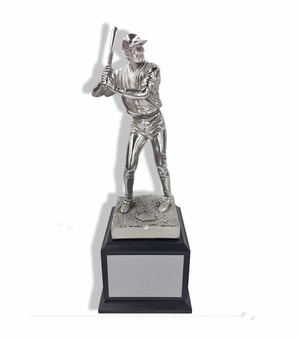 12-1/2 INCH HEIGHT ELECTROPLATED ANTIQUE SILVER BASEBALL PLAYER TROPHY ON WALNUT FINISH BASE