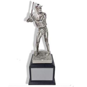 12-1/2 INCH HEIGHT ELECTROPLATED ANTIQUE SILVER BASEBALL PLAYER TROPHY ON WALNUT FINISH BASE