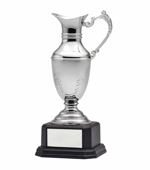 12-1/2 INCH NICKEL PLATED POLISHED SILVER CLARET JUG CUP ON BLACK BASE