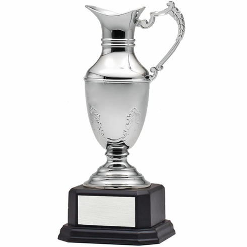 12-1/2 INCH NICKEL PLATED POLISHED SILVER CLARET JUG CUP ON BLACK BASE