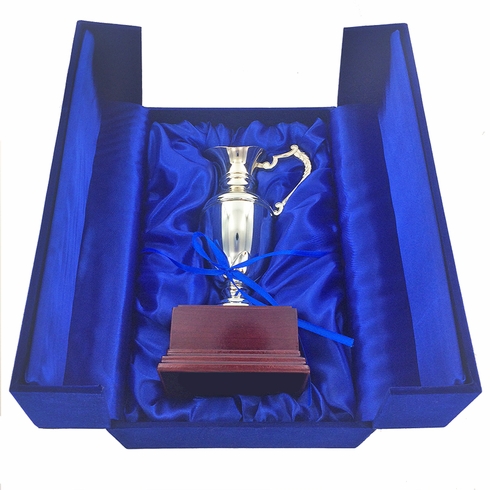 12-1/2 INCH NICKEL PLATED POLISHED SILVER CLARET JUG CUP ON ROSEWOOD BASE