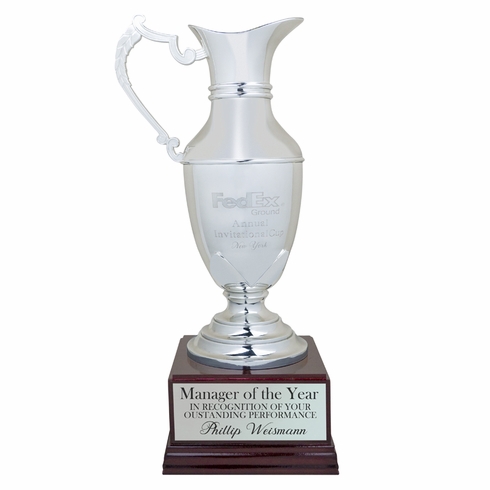 12-1/2 INCH NICKEL PLATED POLISHED SILVER CLARET JUG CUP ON ROSEWOOD BASE