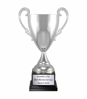 12-1/2 INCH TROPHY HEIGHT WITH ITALIAN SILVER PLATED TROPHY CUP HIGH POLISHED ON BLACK WOOD BASE