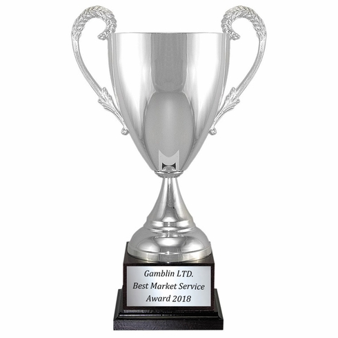 12-1/2 INCH TROPHY HEIGHT WITH ITALIAN SILVER PLATED TROPHY CUP HIGH POLISHED ON BLACK WOOD BASE