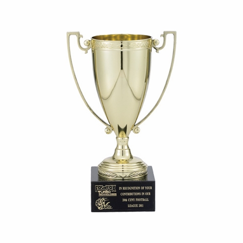 12-1/2 INCH TROPHY WITH 10-1/4 INCH GOLD CUP ON BLACK MARBLE BASE
