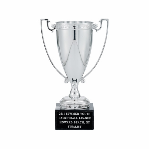 12-1/2 INCH TROPHY WITH 10-1/4 INCH SILVER CUP ON BLACK MARBLE BASE