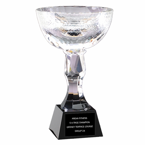 12-1/2 x 4-3/4 INCH DIAMOND CUT OPTICAL CRYSTAL ELEGANT TROPHY CUP BLACK CRYSTAL BASE