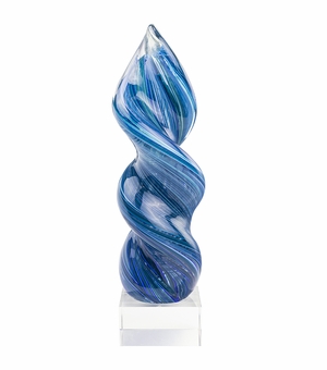 12-1/4 INCH ART SCULPTURE BLUE AND TEAL SWIRL TOWER BLOWN GLASS 