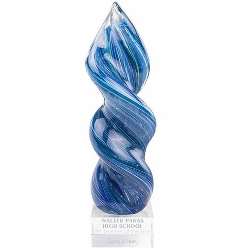 12-1/4 INCH ART SCULPTURE BLUE AND TEAL SWIRL TOWER BLOWN GLASS 