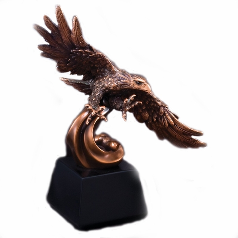 12-1/4 INCH ELECTROPLATED ANTIQUE BRONZE SOARING EAGLE TROPHY ON BLACK BASE