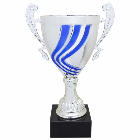 12-1/4 INCH ITALIAN SILVER SWIRL TROPHY CUP WITH BLUE STRIPES ON A BLACK MARBLE BASE