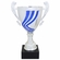 12-1/4 INCH ITALIAN SILVER SWIRL TROPHY CUP WITH BLUE STRIPES ON A BLACK MARBLE BASE