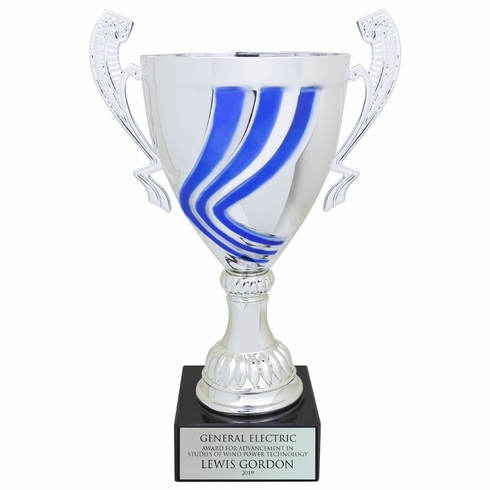 12-1/4 INCH ITALIAN SILVER SWIRL TROPHY CUP WITH BLUE STRIPES ON A BLACK MARBLE BASE