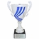 12-1/4 INCH ITALIAN SILVER SWIRL TROPHY CUP WITH BLUE STRIPES ON A BLACK MARBLE BASE