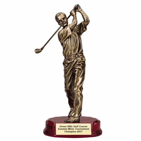 12-1/4" MALE GOLFER TROPHY ANTIQUE GOLD RESIN ON ROSEWOOD BASE