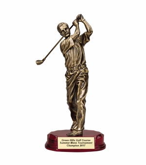 12-1/4" MALE GOLFER TROPHY ANTIQUE GOLD RESIN ON ROSEWOOD BASE
