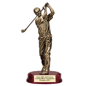 12-1/4" MALE GOLFER TROPHY ANTIQUE GOLD RESIN ON ROSEWOOD BASE