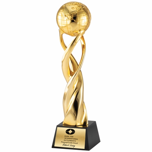 12-1/4 x 3 INCH METALLIC GOLD RESIN SPIRAL WORLD TROPHY ON BLACK CRYSTAL BASE