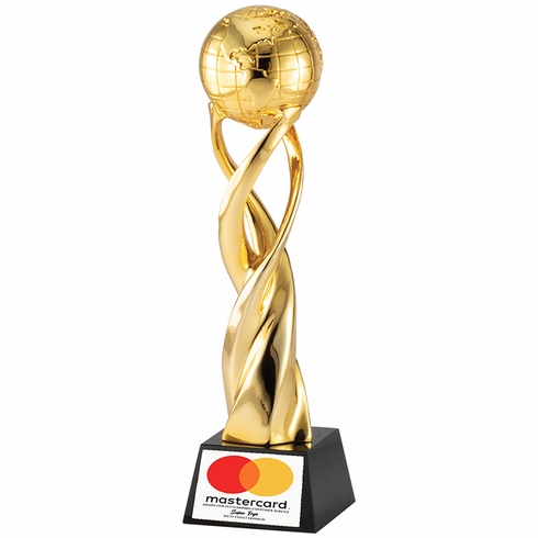 12-1/4 x 3 INCH METALLIC GOLD RESIN SPIRAL WORLD TROPHY ON BLACK CRYSTAL BASE