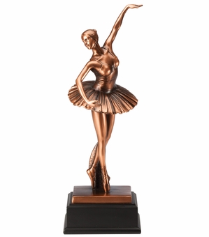 12-3/4 INCH ANTIQUE BRONZE ELECTROPLATED FEMALE BALLERINA TROPHY ON BLACK WOOD BASE