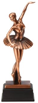12-3/4 INCH ANTIQUE BRONZE ELECTROPLATED FEMALE BALLERINA TROPHY ON BLACK WOOD BASE