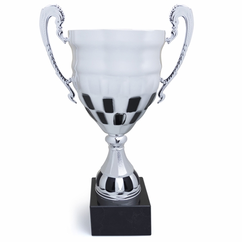 12-3/4 INCH CHECKERBOARD STALE SILVER TROPHY CUP ON BLACK MARBLE BASE