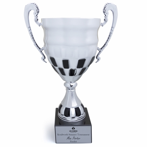 12-3/4 INCH CHECKERBOARD STALE SILVER TROPHY CUP ON BLACK MARBLE BASE