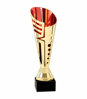 12-3/4 INCH GOLD AND RED PLASTIC TROPHY CUP ON A BLACK MARBLE BASE