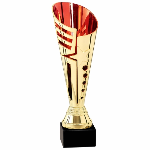 12-3/4 INCH GOLD AND RED PLASTIC TROPHY CUP ON A BLACK MARBLE BASE