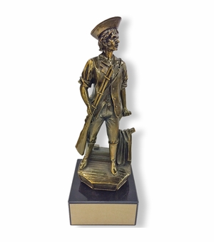 12-3/4 INCH HEIGHT LARGE MINUTEMAN ANTIQUE BRASS TROPHY ON HEAVY BLACK MARBLE BASE