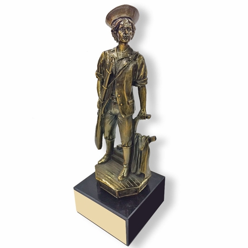 12-3/4 INCH HEIGHT LARGE MINUTEMAN ANTIQUE BRASS TROPHY ON HEAVY BLACK MARBLE BASE