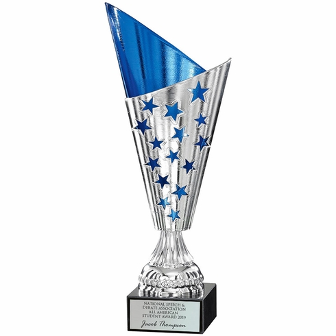 12-3/4 INCH MODERN STYLE EUROPEAN WITH BLUE STARS SILVER METAL TROPHY CUP