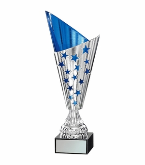 12-3/4 INCH MODERN STYLE EUROPEAN WITH BLUE STARS SILVER METAL TROPHY CUP
