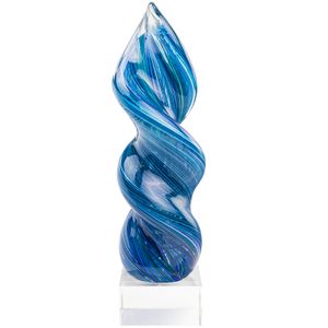 12-1/4 INCH ART SCULPTURE BLUE AND TEAL SWIRL TOWER BLOWN GLASS 