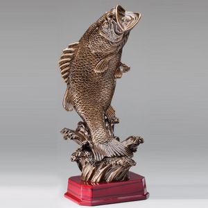 12" ANTIQUE BASS TROPHY ANTIQUE BRASS RESIN FINISH ON ROSEWOOD BASE