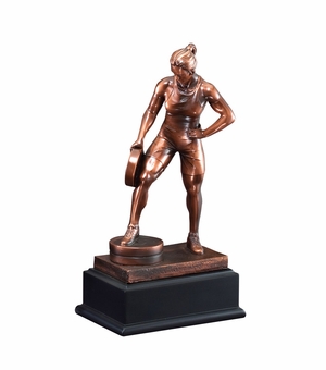 12" FEMALE WEIGHT LIFTER TROPHY ANTIQUE BRONZE FINISH ON BLACK BASE WITH COPPER ENGRAVING PLATE
