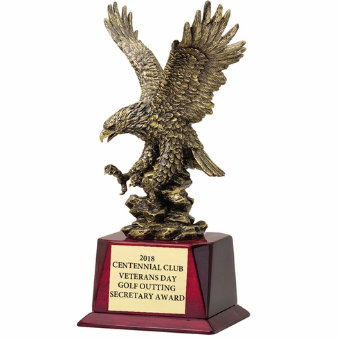 12 INCH ANTIQUE BRASS AMERICAN EAGLE TROPHY ON ROSEWOOD FINISH BASE