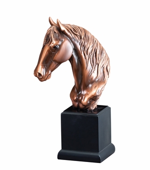12 INCH ANTIQUE BRONZE ELECTROPLATED HORSE HEAD TROPHY ON BLACK WOOD BASE