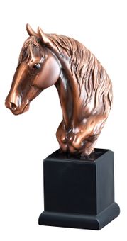 12 INCH ANTIQUE BRONZE ELECTROPLATED HORSE HEAD TROPHY ON BLACK WOOD BASE