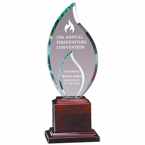 12 INCH DOUBLE FLAME GLASS AWARD ON A PIANO FINISH ROSEWOOD BASE