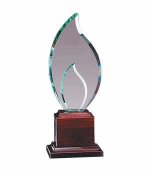 12 INCH DOUBLE FLAME GLASS AWARD ON A PIANO FINISH ROSEWOOD BASE