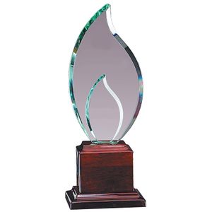 12 INCH DOUBLE FLAME GLASS AWARD ON A PIANO FINISH ROSEWOOD BASE