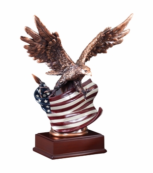 12 INCH ELECTROPLATED BRONZE ATTACKING EAGLE WITH PAINTED AMERICAN FLAG TROPHY ON WALNUT FINISH BASE