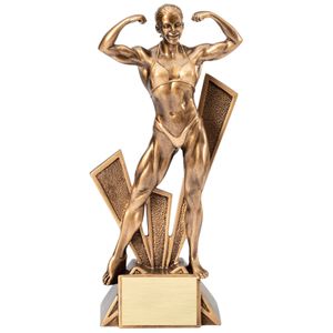 12 INCH FEMALE BODY BUILDER ANTIQUE GOLD FINISH TROPHY