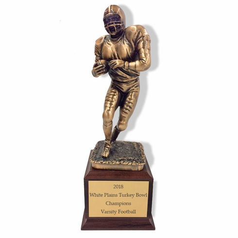 12 INCH HEIGHT ELECTROPLATED ANTIQUE BRASS FOOTBALL PLAYER TROPHY ON WALNUT FINISH BASE