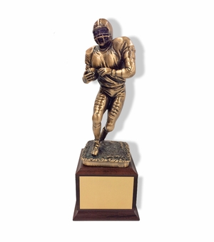 12 INCH HEIGHT ELECTROPLATED ANTIQUE BRASS FOOTBALL PLAYER TROPHY ON WALNUT FINISH BASE